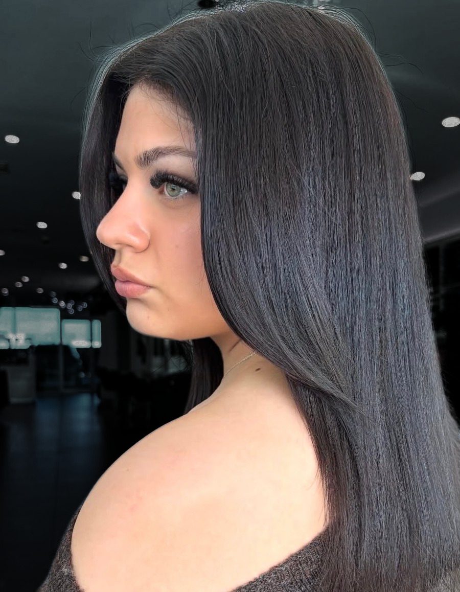 Glossy rich brunette with a sleek, polished finish